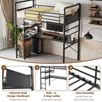 Loft Bed with L-Shaped Desk, Twin Metal Bunk Bed with Storage Shelves & High Guardrail, Space-Saver for Kids, Teens, or Small Rooms