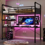 Loft Bed with L-Shaped Desk, Twin Metal Bunk Bed with Storage Shelves & High Guardrail, Space-Saver for Kids, Teens, or Small Rooms