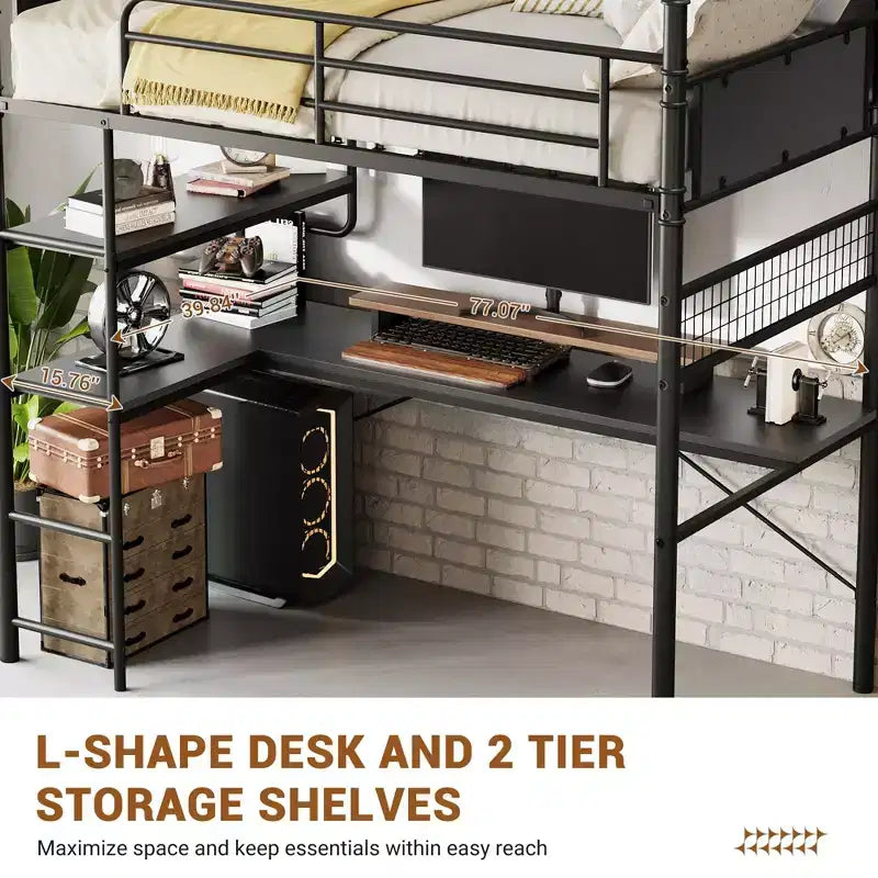 Loft Bed with L-Shaped Desk, Twin Metal Bunk Bed with Storage Shelves & High Guardrail, Space-Saver for Kids, Teens, or Small Rooms