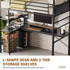 Loft Bed with L-Shaped Desk, Twin Metal Bunk Bed with Storage Shelves & High Guardrail, Space-Saver for Kids, Teens, or Small Rooms