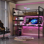 Loft Bed with L-Shaped Desk, Twin Metal Bunk Bed with Storage Shelves & High Guardrail, Space-Saver for Kids, Teens, or Small Rooms