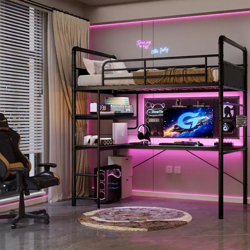 Loft Bed with L-Shaped Desk, Twin Metal Bunk Bed with Storage Shelves & High Guardrail, Space-Saver for Kids, Teens, or Small Rooms