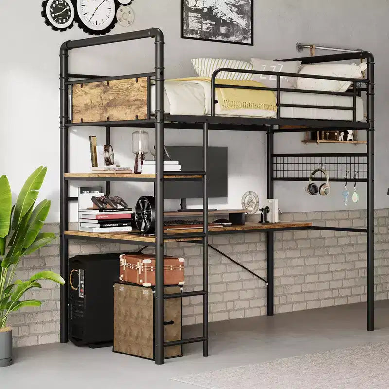 Loft Bed with L-Shaped Desk, Twin Metal Bunk Bed with Storage Shelves & High Guardrail, Space-Saver for Kids, Teens, or Small Rooms