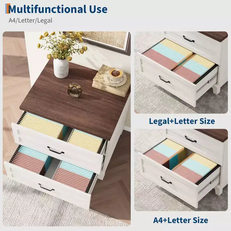 Lateral File Cabinet with 2 Drawers, Wooden Vertical Filing Cabinet with Hanging Bar, Under Desk Storage Cabinet for Home, Fit Legal/Letter/A4 Size
