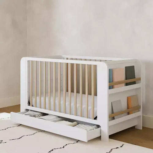 Lit bébé convertible 4-en-1 avec tiroir et étagères à livres amovibles, base de matelas réglable