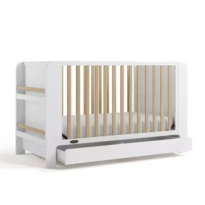 4-in-1 Convertible Crib with Drawer & Detachable Bookshelves, Adjustable Mattress Base