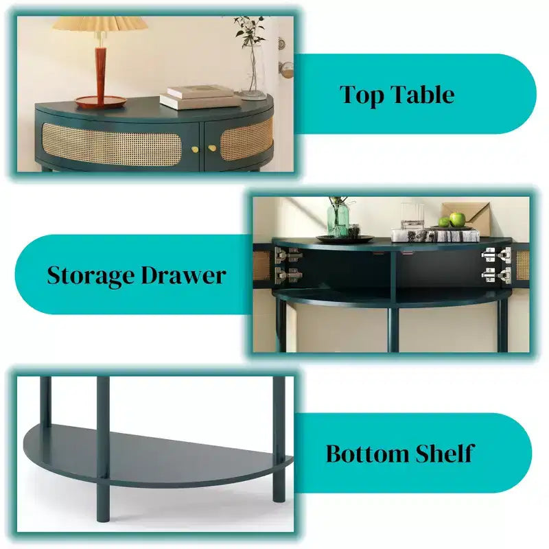 Rattan Half Moon Console Table with 2 Sliding Doors & Bottom Shelf, Entryway Sofa Table