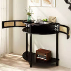 Rattan Half Moon Console Table with 2 Sliding Doors & Bottom Shelf, Entryway Sofa Table