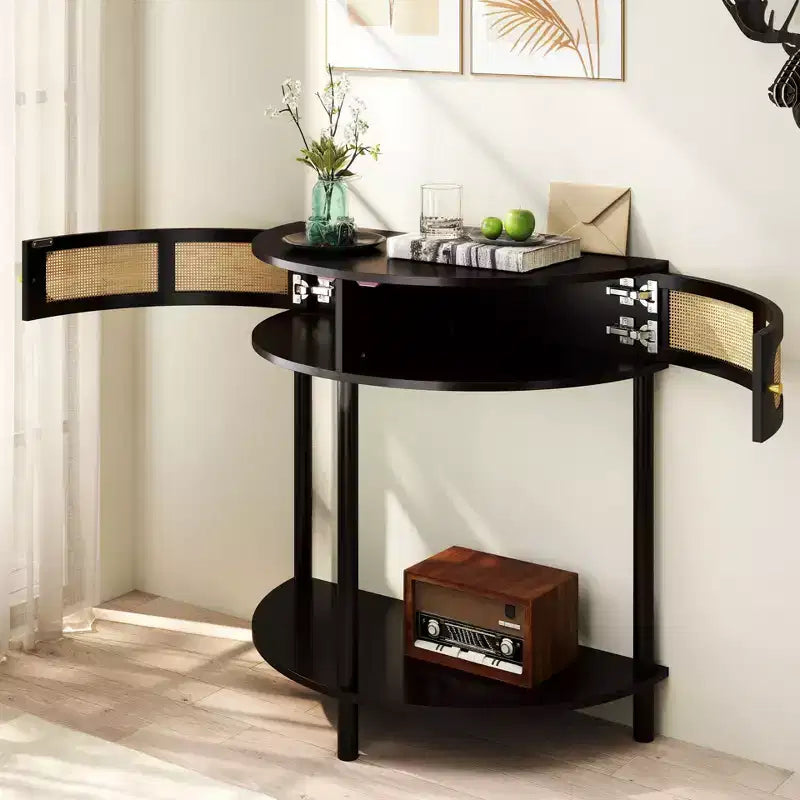 Rattan Half Moon Console Table with 2 Sliding Doors & Bottom Shelf, Entryway Sofa Table