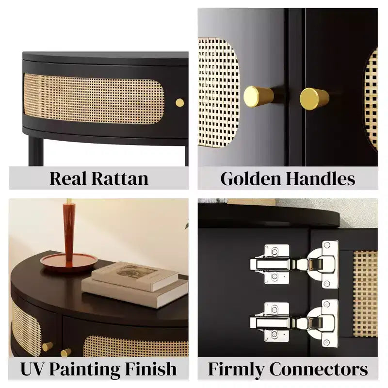 Rattan Half Moon Console Table with 2 Sliding Doors & Bottom Shelf, Entryway Sofa Table