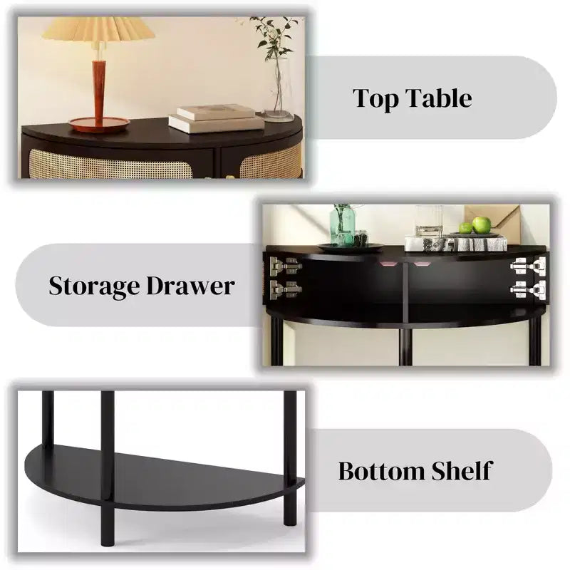 Rattan Half Moon Console Table with 2 Sliding Doors & Bottom Shelf, Entryway Sofa Table