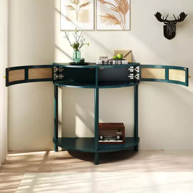 Rattan Half Moon Console Table with 2 Sliding Doors & Bottom Shelf, Entryway Sofa Table