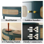 Rattan Half Moon Console Table with 2 Sliding Doors & Bottom Shelf, Entryway Sofa Table