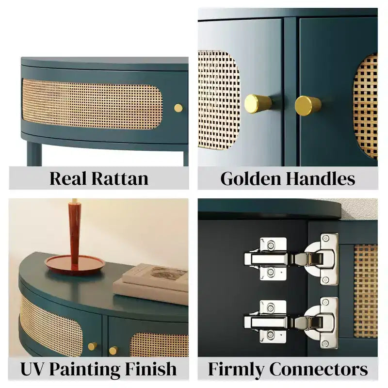 Rattan Half Moon Console Table with 2 Sliding Doors & Bottom Shelf, Entryway Sofa Table