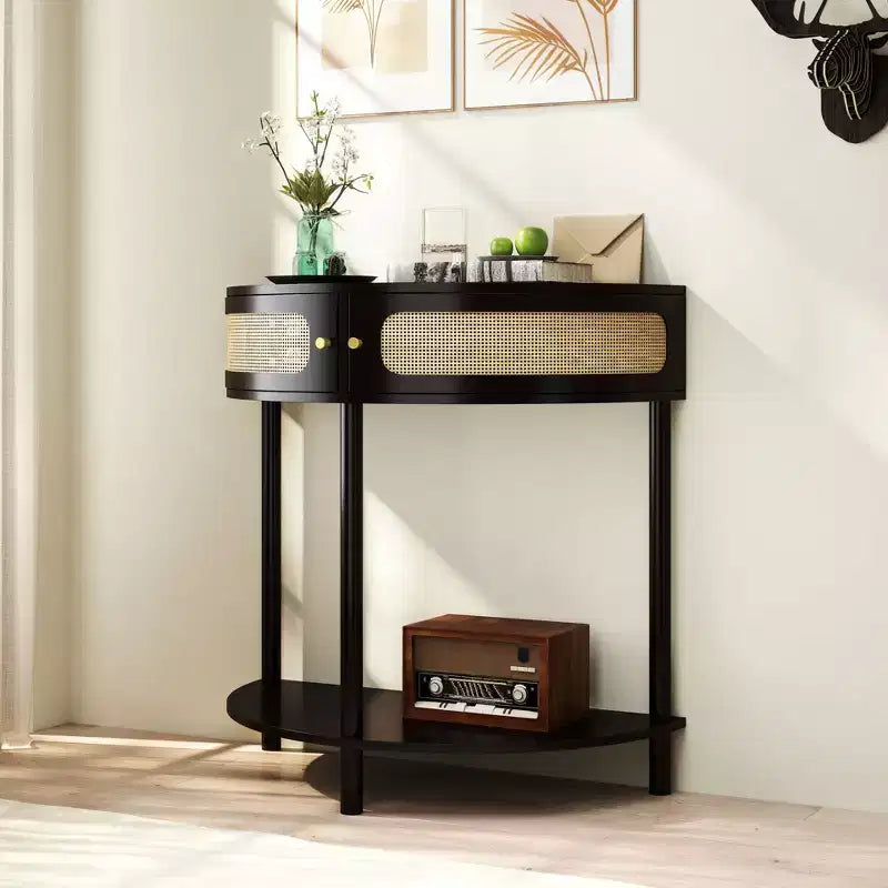 TUYOHW Rattan Half Moon Console Table,Entryway Table with 2 Sliding Rattan Door,Wood Sofa Table with Bottom Shelf for Living Room,Hallway