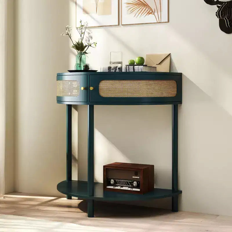 Rattan Half Moon Console Table with 2 Sliding Doors & Bottom Shelf, Entryway Sofa Table