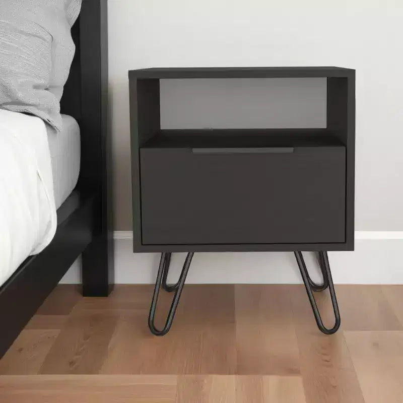 22" Black Wood One-Drawer Nightstand, Bedroom Side Table