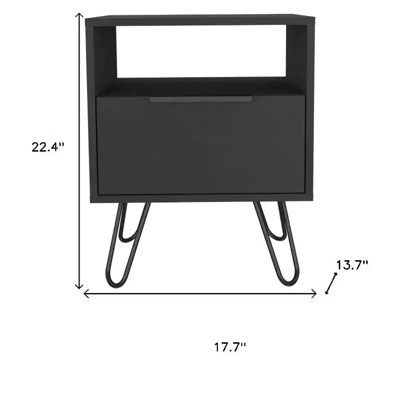 22" Black Wood One-Drawer Nightstand, Bedroom Side Table