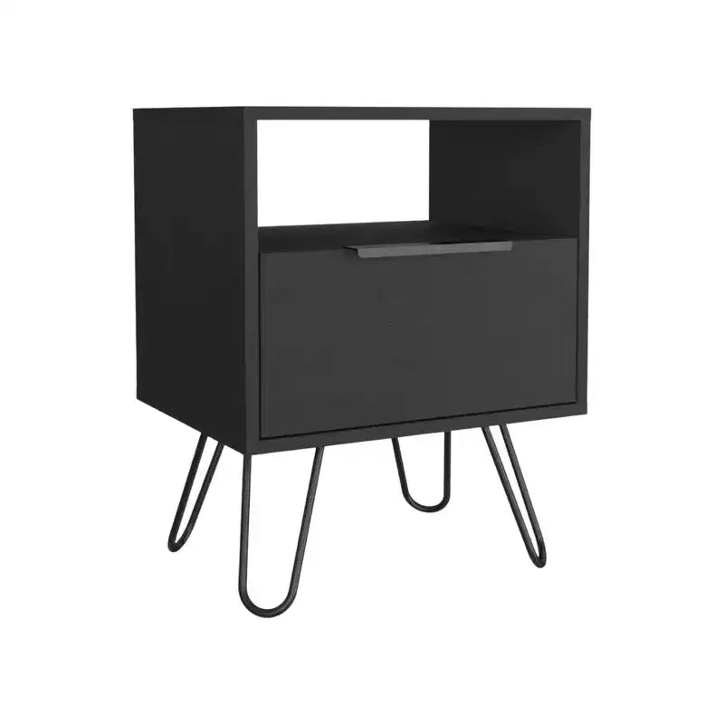 22" Black Wood One-Drawer Nightstand, Bedroom Side Table