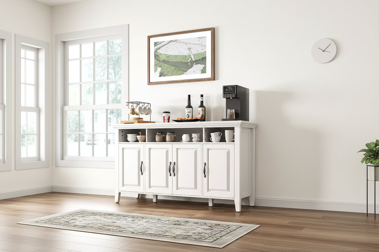 Amada Buffet Cabinet with Storage, 55 In Large Sideboard Storage Cabinet with Adjustable Shelves, 4 Doors, Modern Farmhouse Coffee Bar Cabinet, White