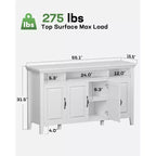 55" Large Sideboard Buffet Cabinet with 4 Doors & Adjustable Shelves, White Farmhouse