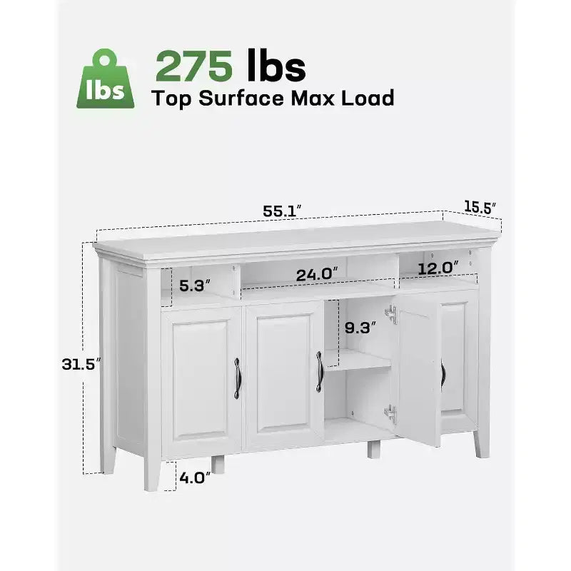 55" Large Sideboard Buffet Cabinet with 4 Doors & Adjustable Shelves, White Farmhouse