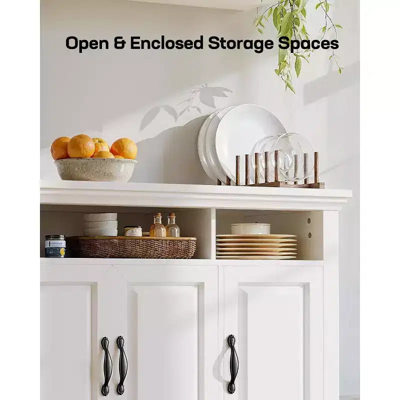 55" Large Sideboard Buffet Cabinet with 4 Doors & Adjustable Shelves, White Farmhouse