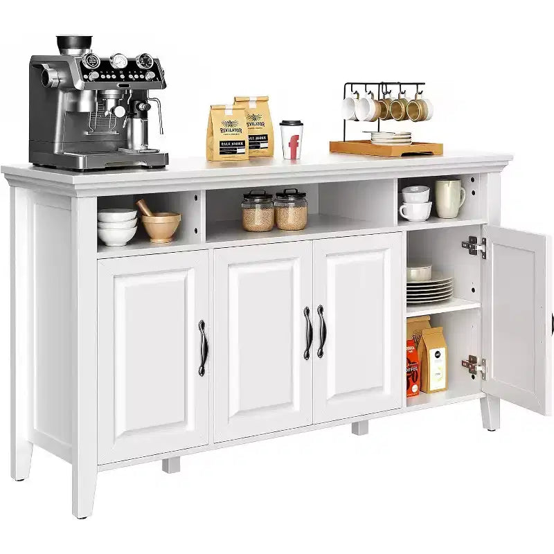 55" Large Sideboard Buffet Cabinet with 4 Doors & Adjustable Shelves, White Farmhouse