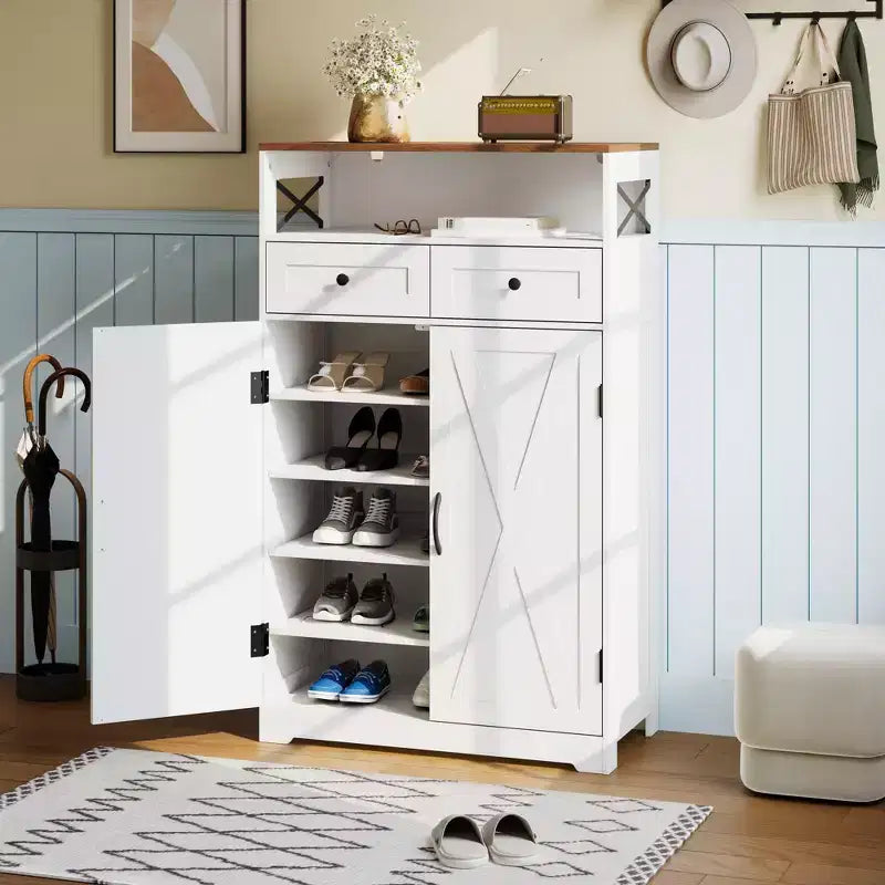 52-in Brown White Shoe Storage Cabinet with Drawers Narrow Entryway Organizer Adjustable Shelves