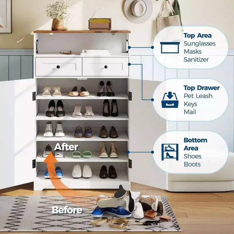 52-in Brown White Shoe Storage Cabinet with Drawers Narrow Entryway Organizer Adjustable Shelves