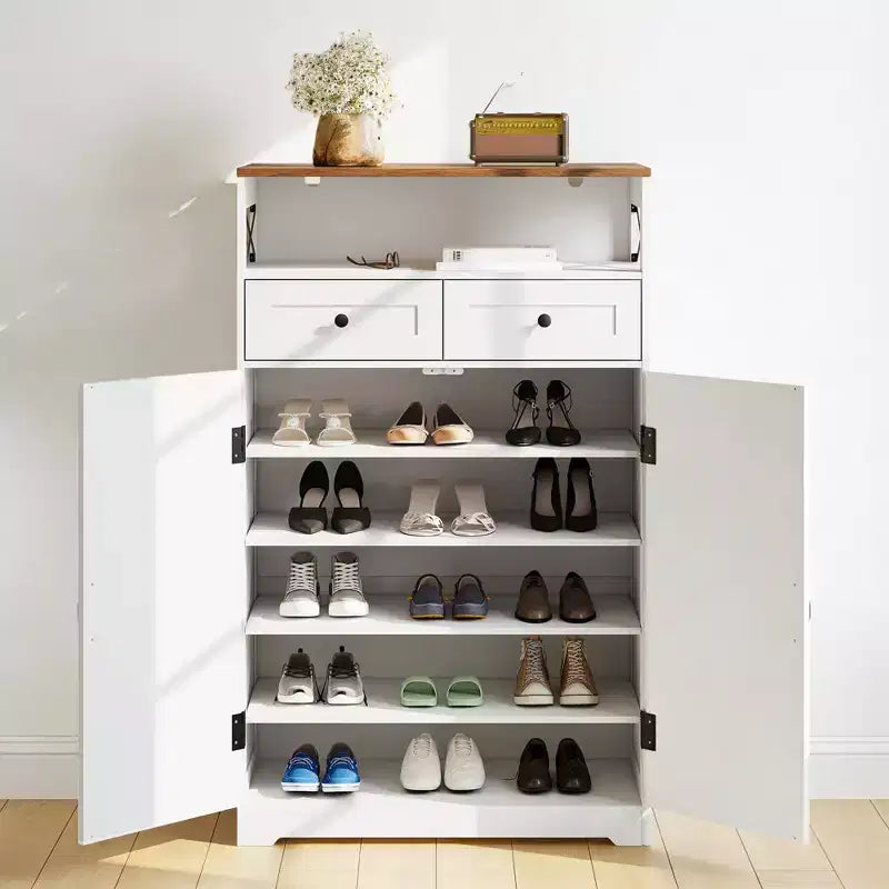 52-in Brown White Shoe Storage Cabinet with Drawers Narrow Entryway Organizer Adjustable Shelves