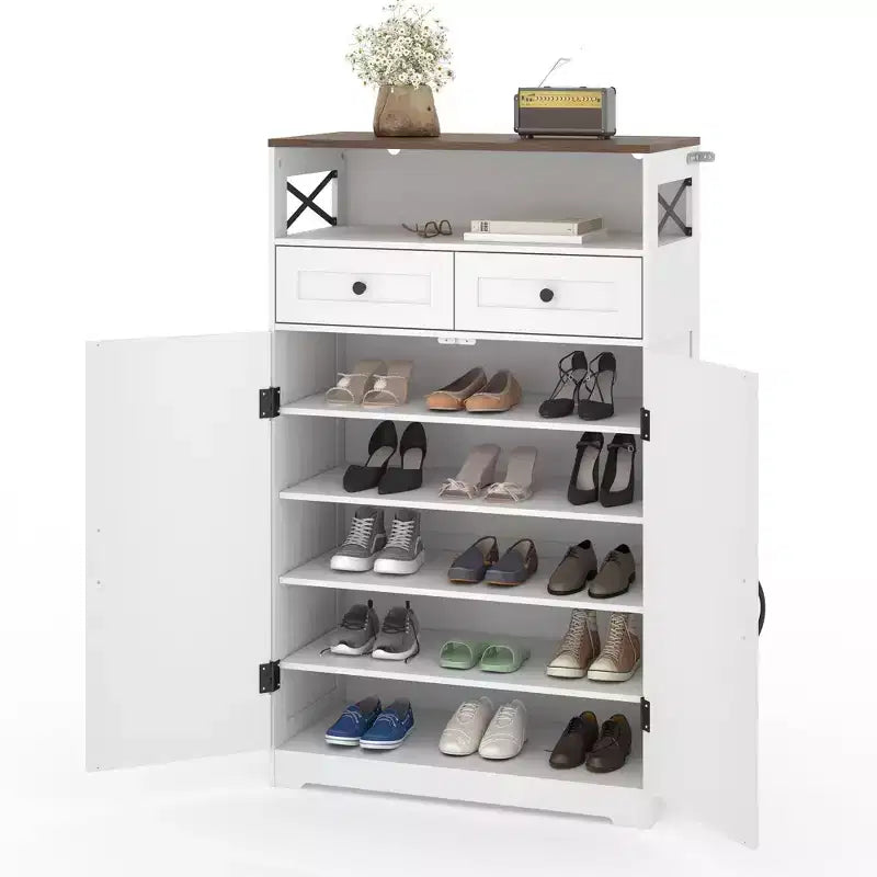 52-in Brown White Shoe Storage Cabinet with Drawers Narrow Entryway Organizer Adjustable Shelves