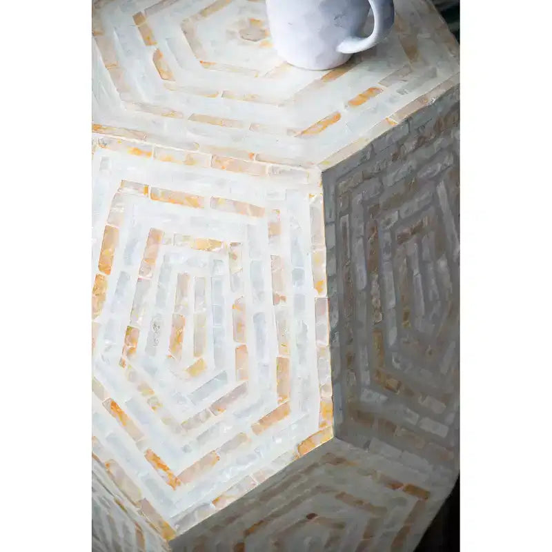 Hexagonal Capiz Stool Cream Yellow Accent Table 18x18x21