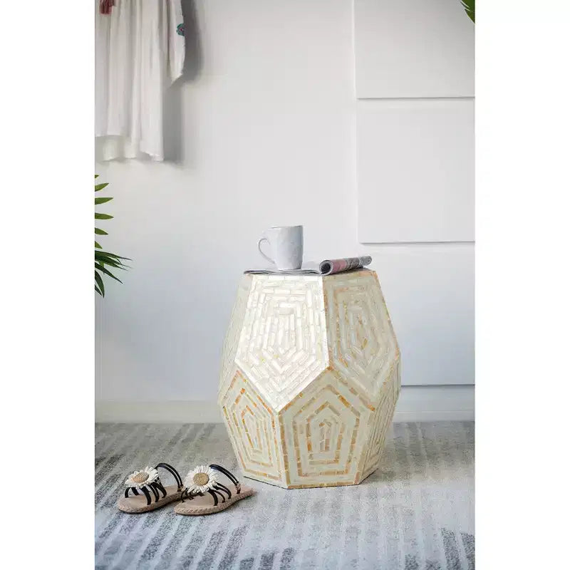 Hexagonal Capiz Stool Cream Yellow Accent Table 18x18x21