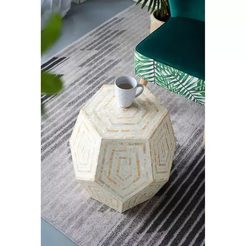 Hexagonal Capiz Stool Cream Yellow Accent Table 18x18x21