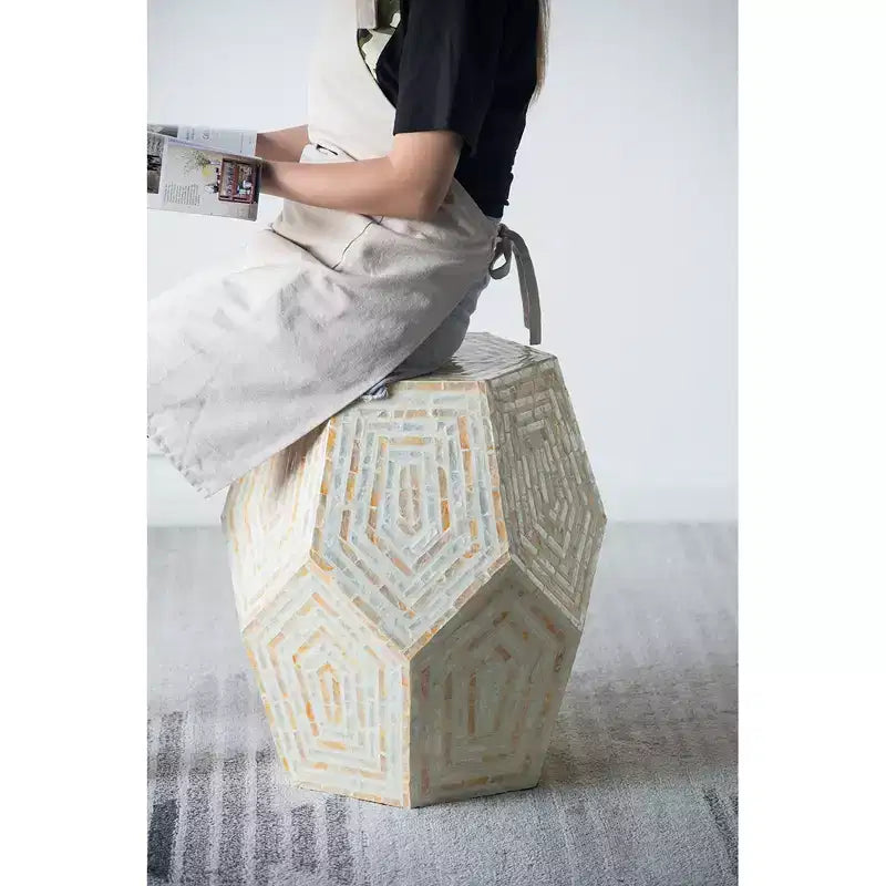 Hexagonal Capiz Stool Cream Yellow Accent Table 18x18x21