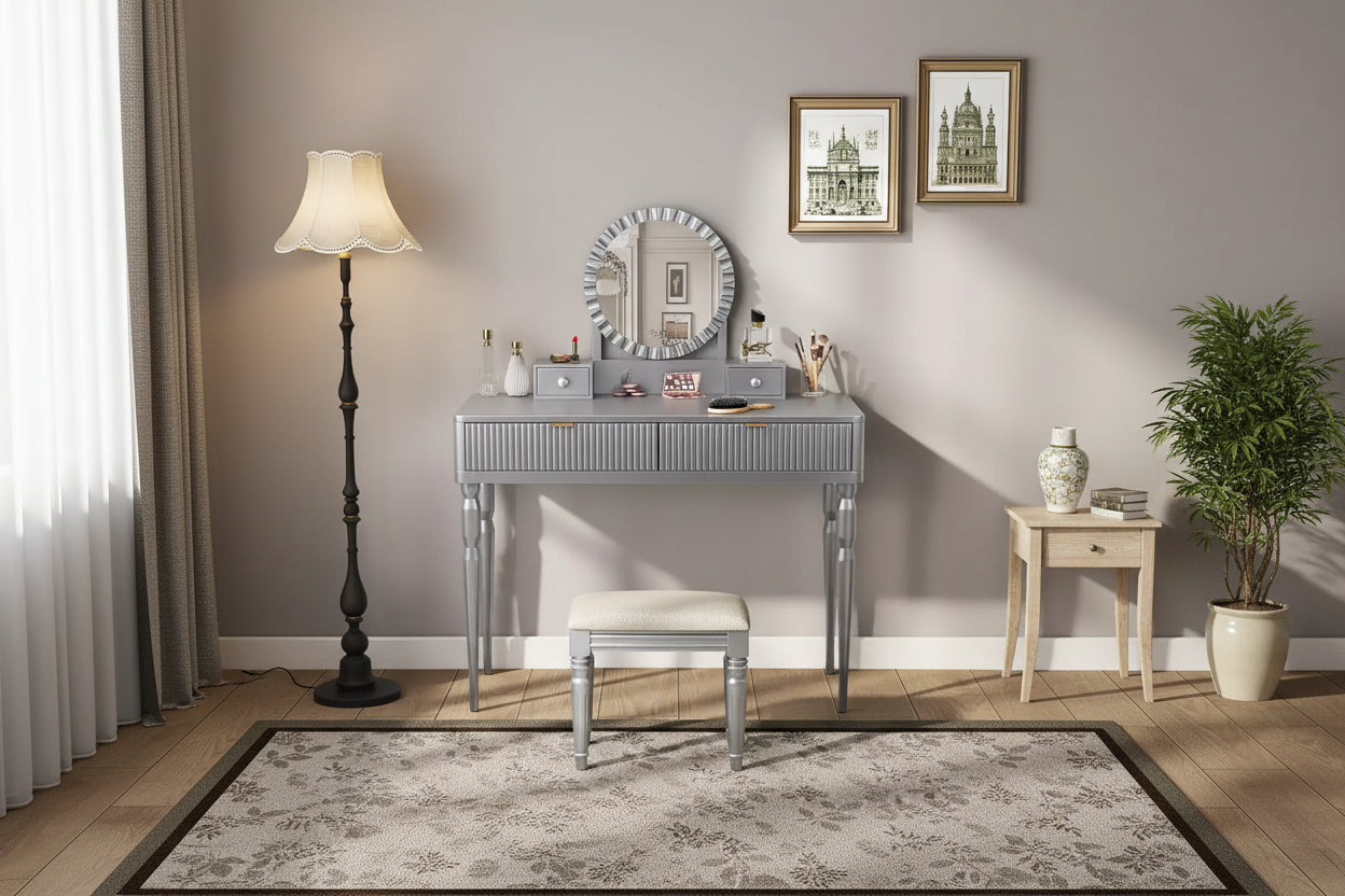 GDFStudio Cara Retro Vanity Desk with Height-Adjustable Round Mirror, Faux Leather Stool and 4 Drawers