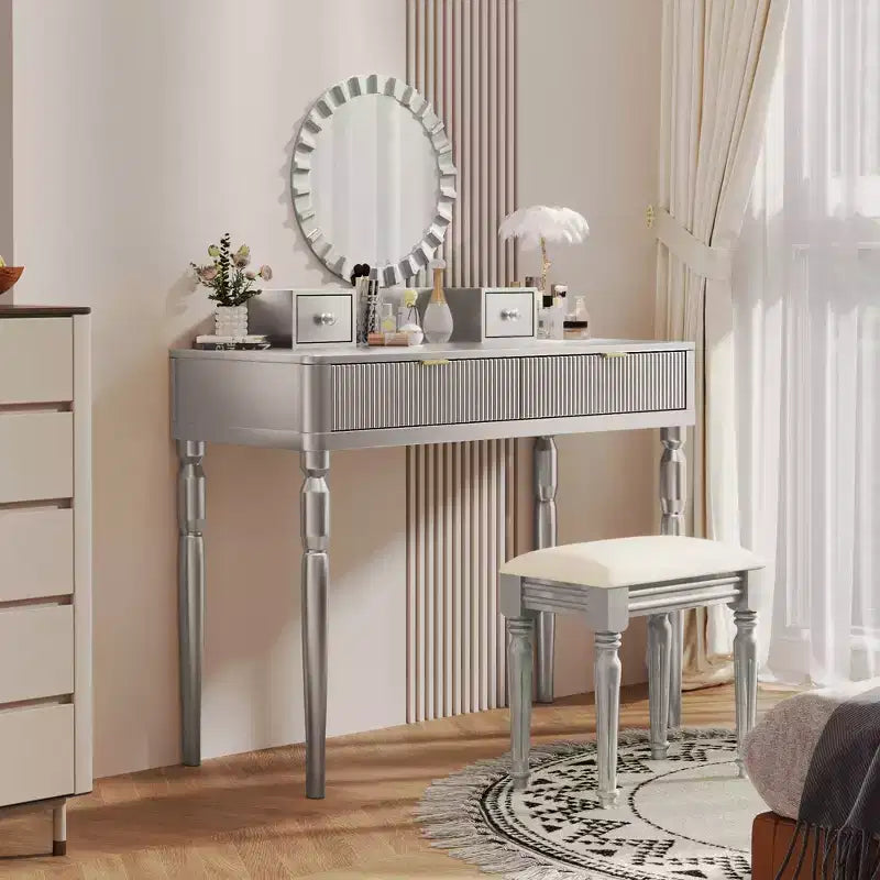 Retro Vanity Desk with Height-Adjustable Round Mirror, Faux Leather Stool & 4 Drawers
