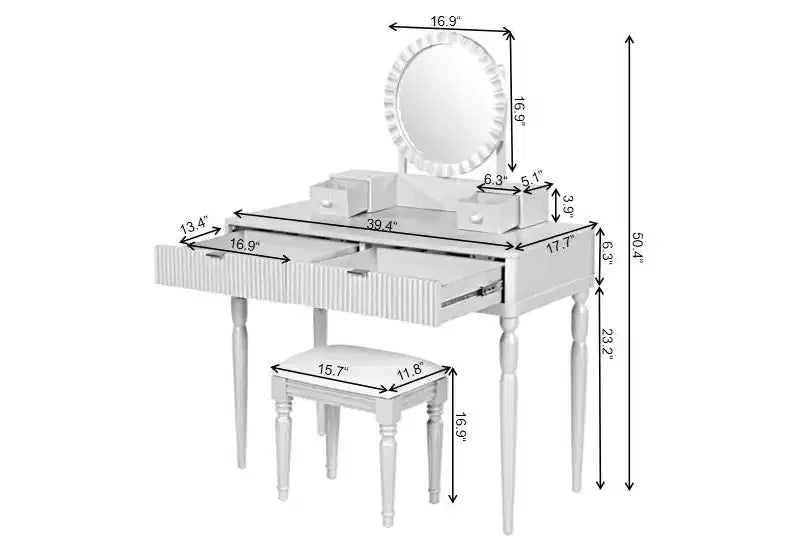 Retro Vanity Desk with Height-Adjustable Round Mirror, Faux Leather Stool & 4 Drawers