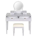 Retro Vanity Desk with Height-Adjustable Round Mirror, Faux Leather Stool & 4 Drawers