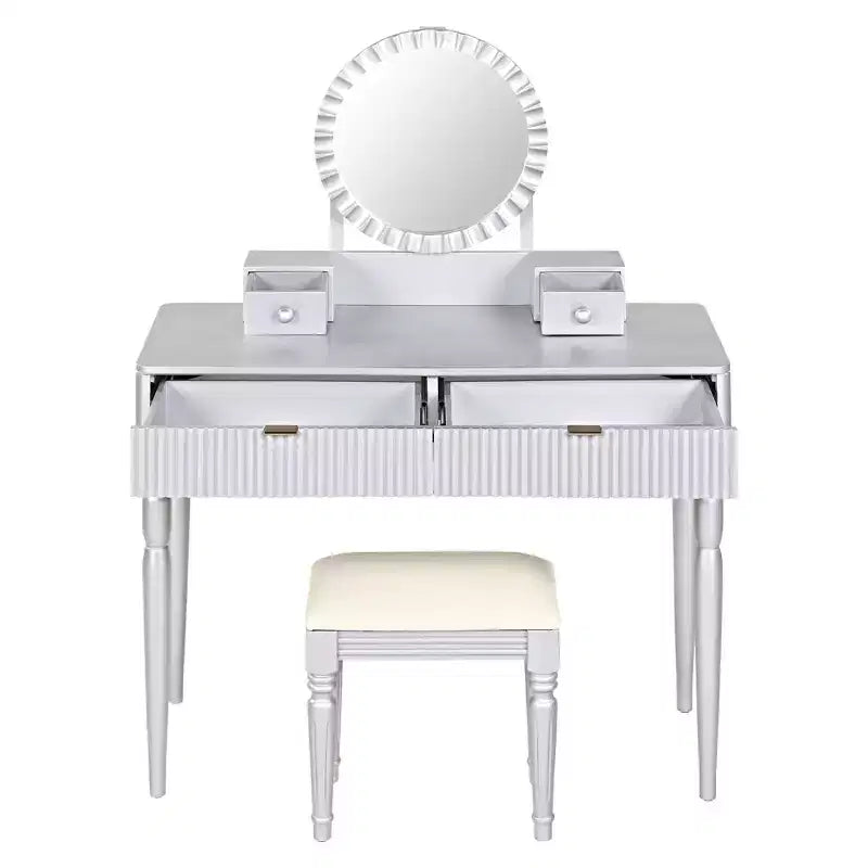 Retro Vanity Desk with Height-Adjustable Round Mirror, Faux Leather Stool & 4 Drawers