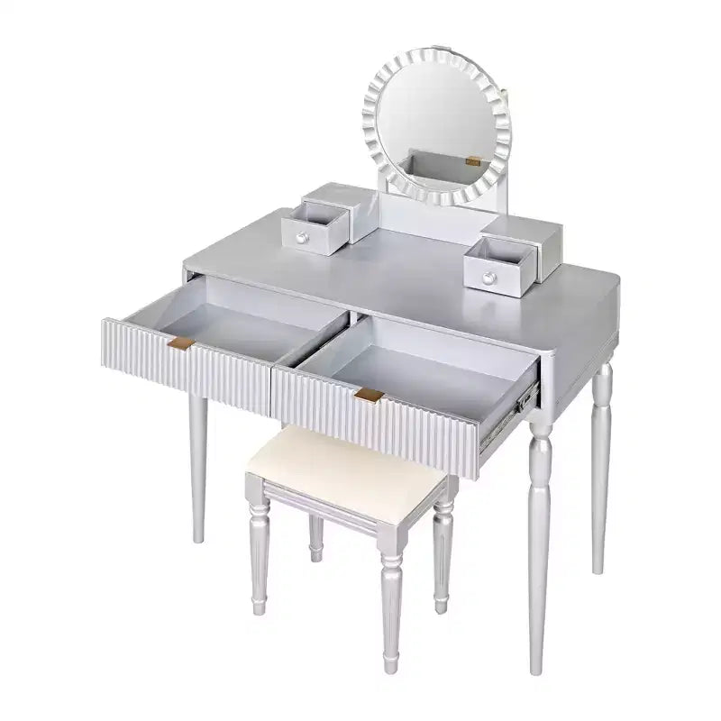 Retro Vanity Desk with Height-Adjustable Round Mirror, Faux Leather Stool & 4 Drawers