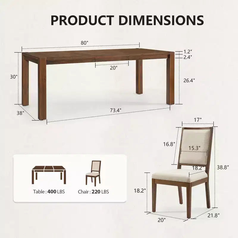 Ensemble de salle à manger moderne - table de 80 et 6 chaises rembourrées, structure en bois massif, capacité de la table de 400 lb, montage facile