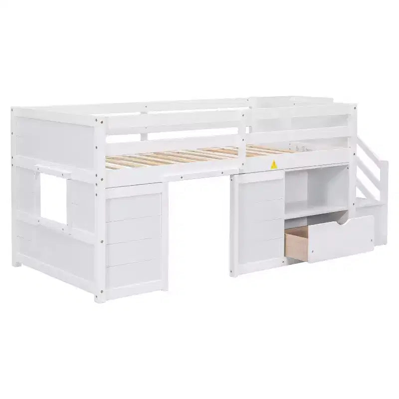 Lit mezzanine bas une place en bois massif, 94,6 L x 42,3 l, avec escalier, tiroir et étagère, design moderne et épuré