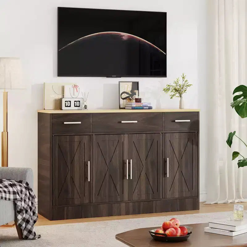 Buffet de rangement Celebalcony, grand meuble de cuisine de 53,4 pouces avec 3 tiroirs et 4 portes, étagère réglable pour la cuisine et le salon