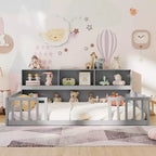 Twin/Full Size Montessori Floor Bed with Bookcase Storage Shelves & Safety Fence Rails White/Gray