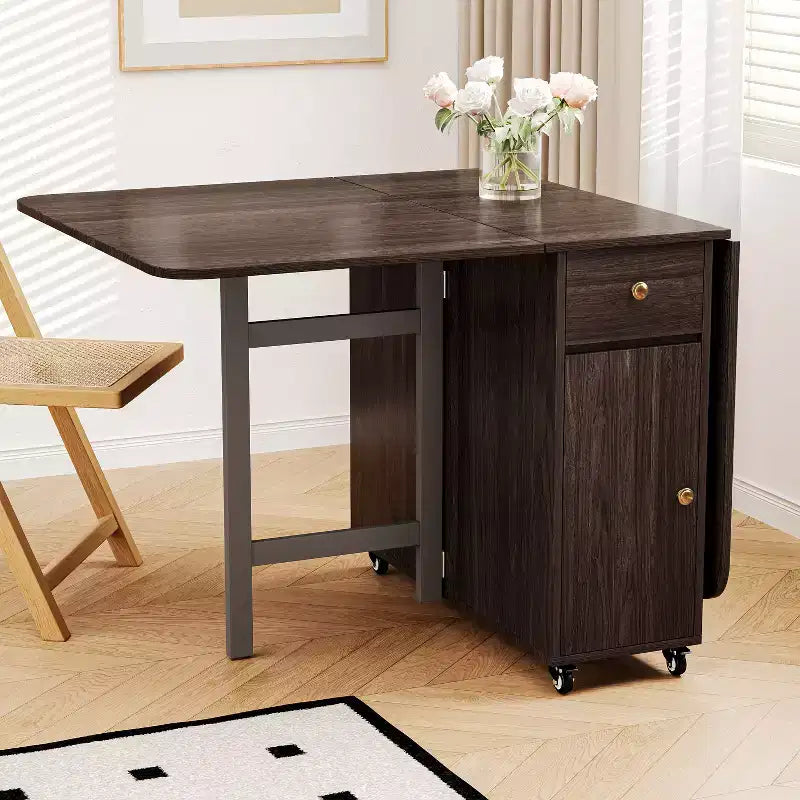ATJafurn 59-Zoll-Klapptisch mit abklappbaren Tischplatten für kleine Räume, rechteckiger ausziehbarer Küchentisch aus Holz mit Rollen und Stauraum