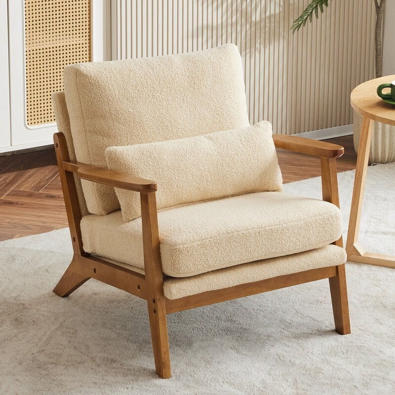Polster-Sessel aus Leinenmischgewebe mit Holzbeinen und einem Kissen, Beige