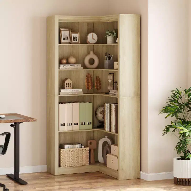Black/White/Wood/Retro, L-Shaped Corner Bookshelf, 5-Tier, Single