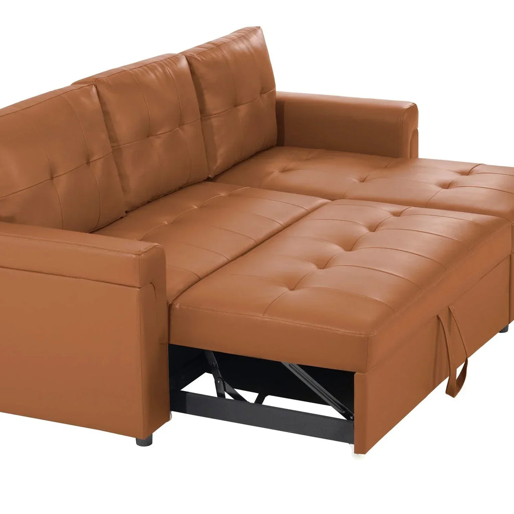 Umwandelbares, beidseitig montierbares Ecksofa mit ausziehbarem Schlafbett, verstecktem Stauraum in der Recamiere und robusten Beinen